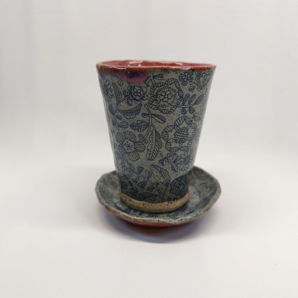 Handmade Floral Pottery Tumbler Cup & Matching Saucer Stoneware Ceramic Set